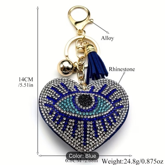 Blue/silver rhinestone Evil Eye Heart Keychain - Picture 2 of 4